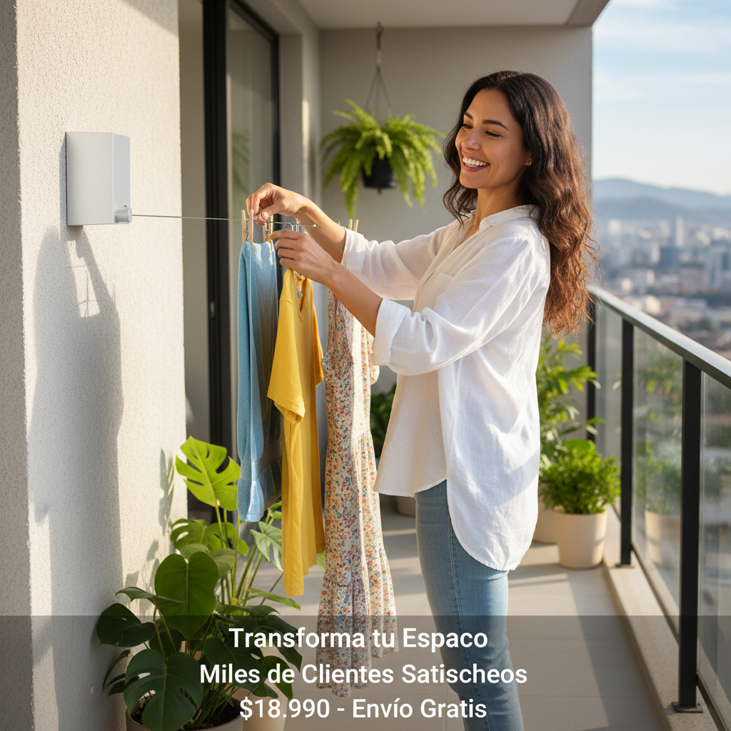 Mujer feliz usando tendedero retráctil