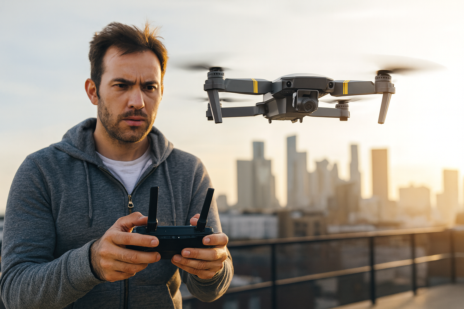 Piloto de drone en azotea urbana