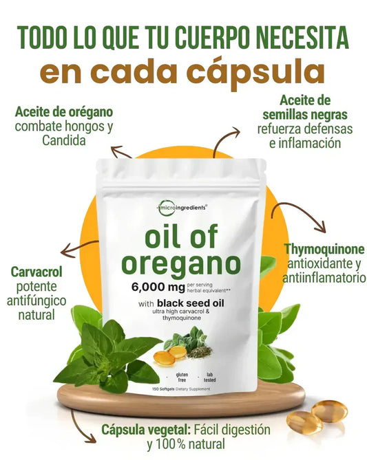 Aceite de Orégano 6000mg + Semilla Negra | Defensa Natural Inmunológica | 60 Cápsulas