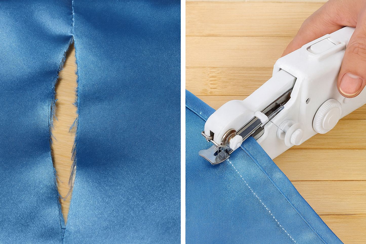 Antes y después - reparación con máquina de coser