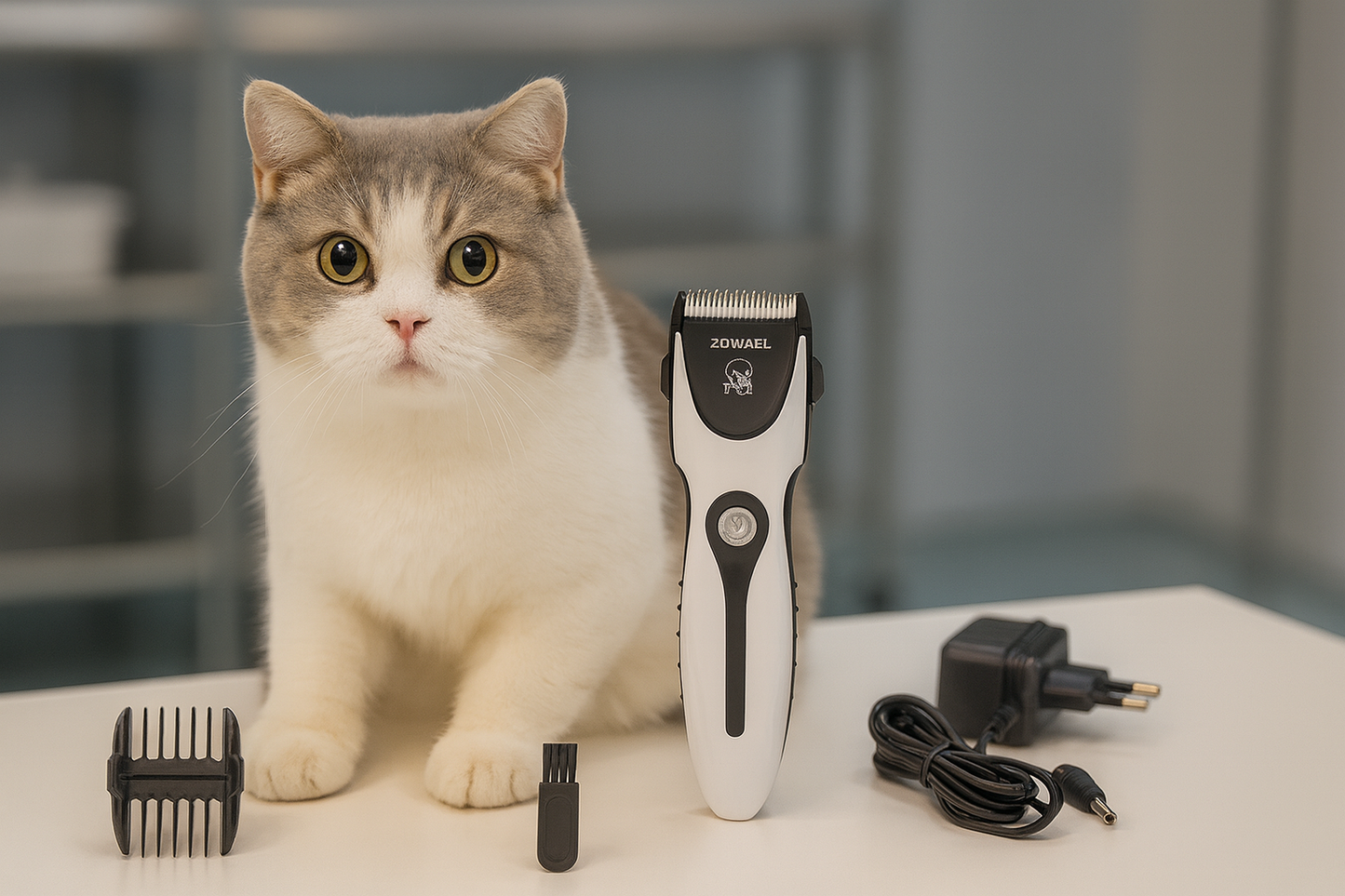 Gato curioso junto al producto