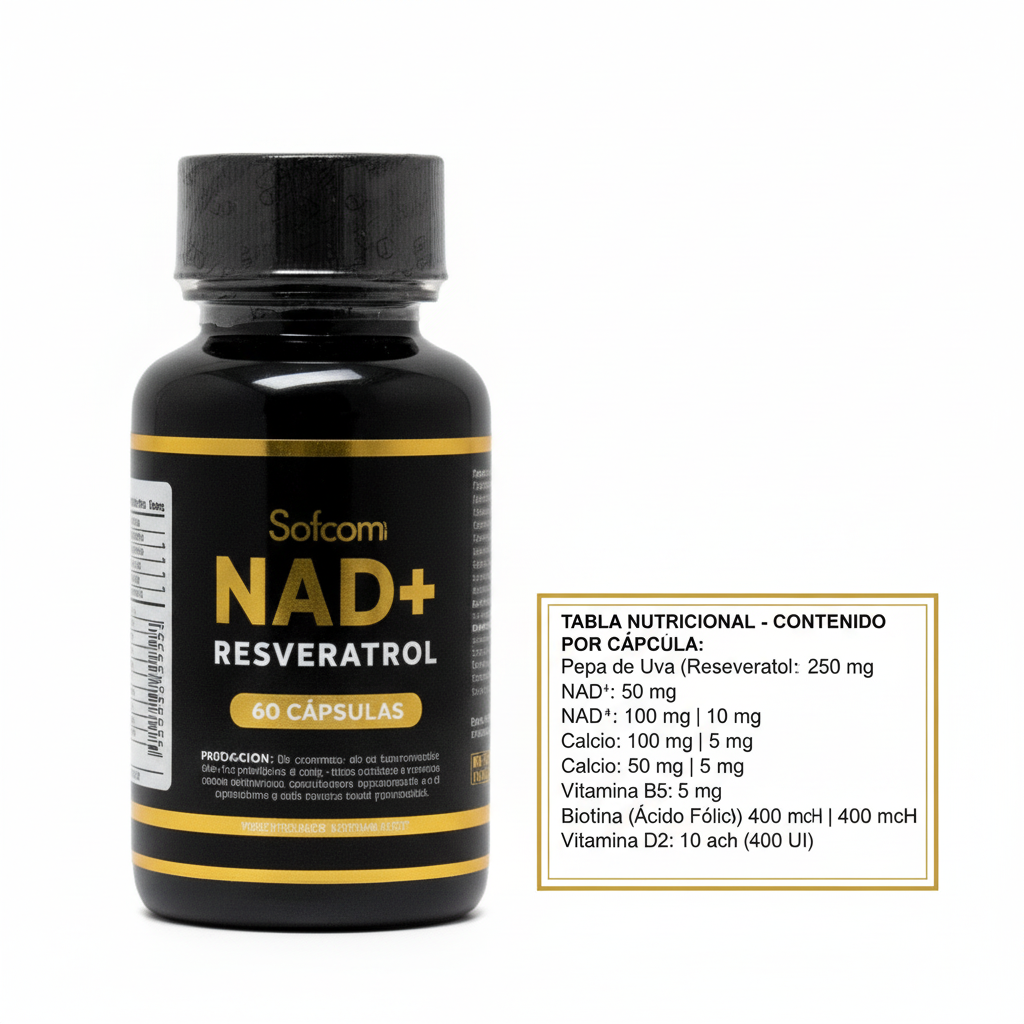 NAD+ Resveratrol - Vista Cercana con Tabla Nutricional
