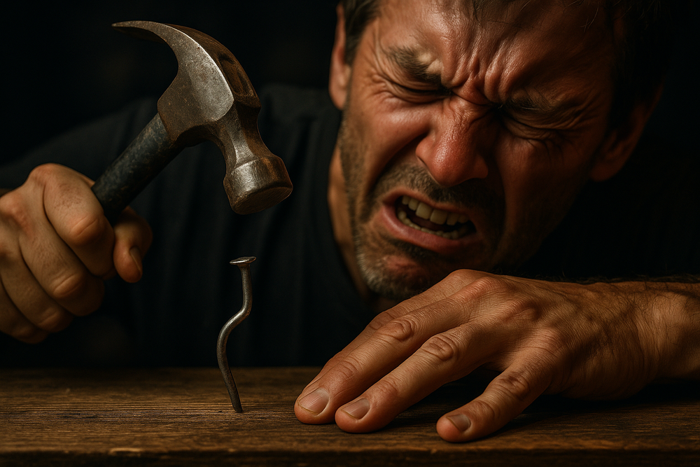 Persona luchando intensamente para clavar un clavo